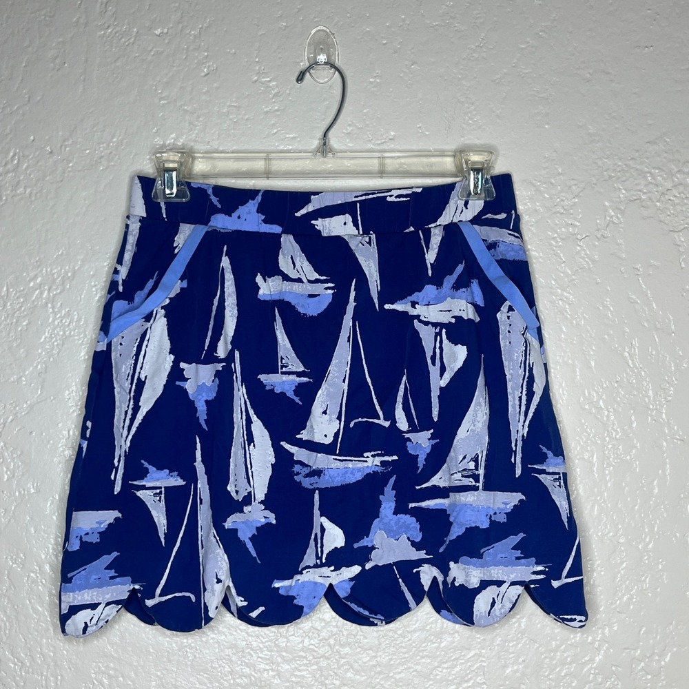 AnaClare Women Blue Sailboat Scalloped Hem Skort Nautical Pockets Large